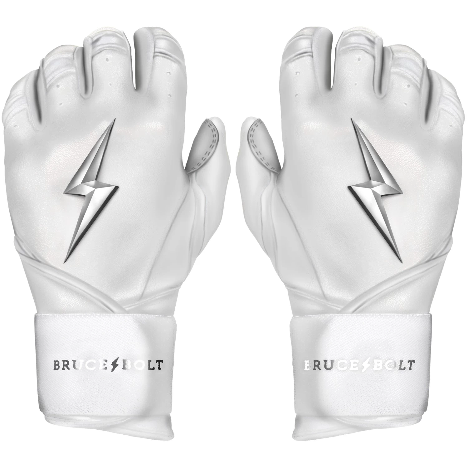 Bruce Bolt PREMIUM PRO Chrome Series Long Cuff Batting Gloves: White 3 Bruce Bolt PREMIUM PRO Chrome Series Long Cuff Batting Gloves: White