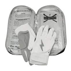 Bruce Bolt PREMIUM PRO Chrome Series Short Cuff Batting Gloves: White -Passion Baseball SC CHRW BAG2